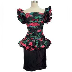 Tadashi VTG 80s 90s Floral Off The Shoulder Ruffle Peplum Holiday Party Dress 4